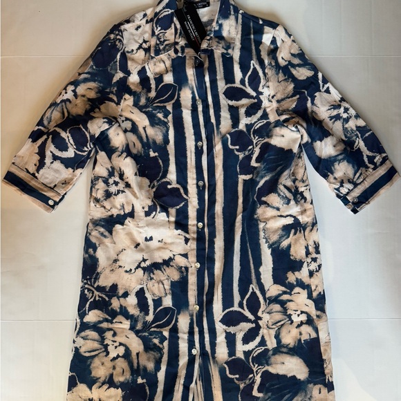 Designer Francesca Bettini Linen/Cotton Button-Up Dress, Blue/Tan, Made in Italy - Picture 1 of 15